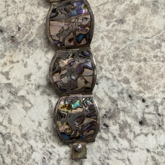 Vintage Sterling Silver Inlay Panel Bracelet Abalone Aztec Figures